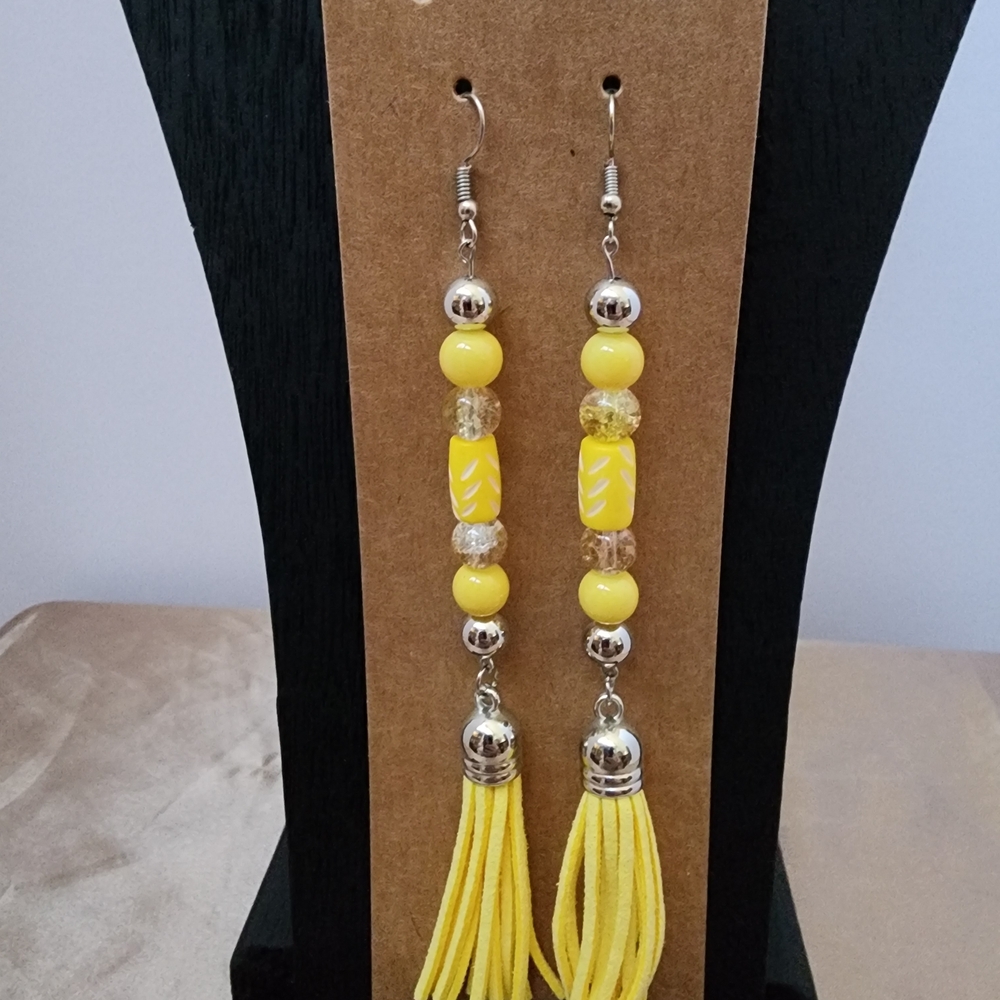 BrazenSoul Extra-long Yellow Tassel & Ox-Bone Bead Earrings